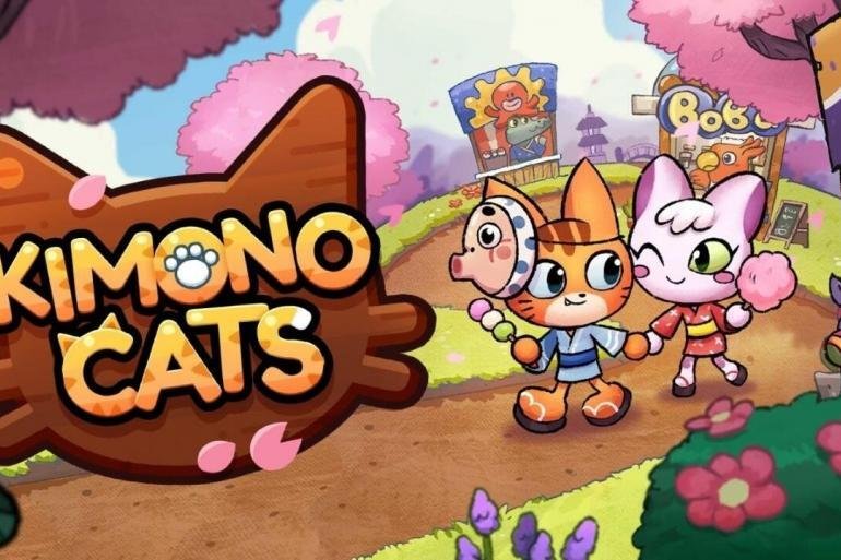 Una coppia di gatti in kimono all'interno di un festival estivo giapponese, intenti a giocare a un mini-gioco. L'immagine ha colori vivaci.