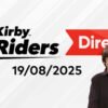 logo dell'evento "Kirby Air Riders Direct" e un'immagine stilizzata di Masahiro Sakurai in sottofondo