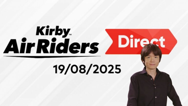 logo dell'evento "Kirby Air Riders Direct" e un'immagine stilizzata di Masahiro Sakurai in sottofondo