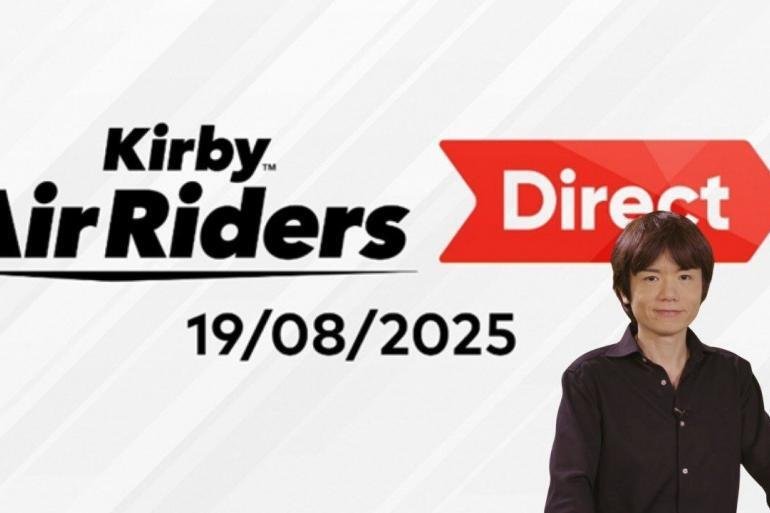 logo dell'evento "Kirby Air Riders Direct" e un'immagine stilizzata di Masahiro Sakurai in sottofondo
