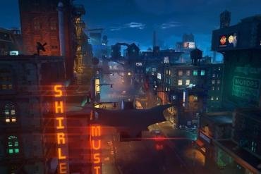 Una rappresentazione di Batman con il suo costume LEGO, in un'ambientazione a Gotham City.