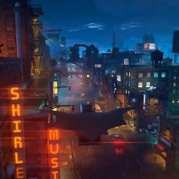 Una rappresentazione di Batman con il suo costume LEGO, in un'ambientazione a Gotham City.