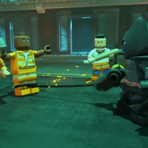 Una scena di combattimento di LEGO Batman L'Eredità del Cavaliere Oscuro, che mostra un'azione fluida e dinamica, con un'ispirazione visiva dalla serie Arkham.