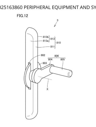 Un disegno tecnico che mostra una periferica a manovella con il controller della Nintendo Switch 2 collegato, basato sul brevetto WO/2025/163860.