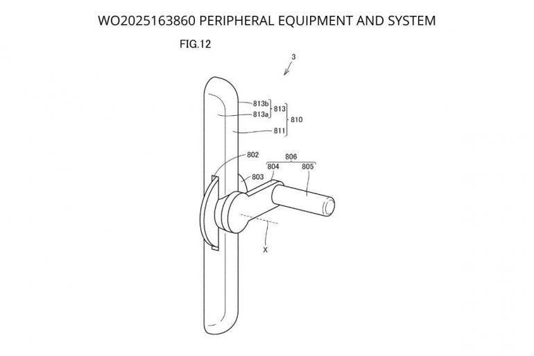 Un disegno tecnico che mostra una periferica a manovella con il controller della Nintendo Switch 2 collegato, basato sul brevetto WO/2025/163860.