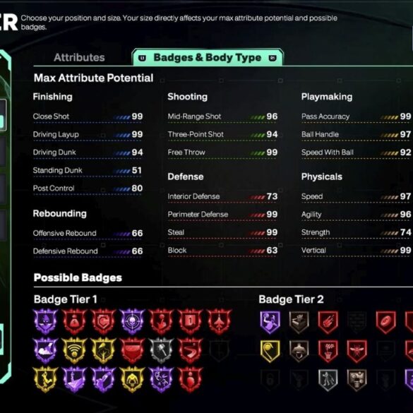 Un'immagine che mostra l'interfaccia dell'Editor de Il mio GIOCATORE di NBA 2K26, con le nuove funzionalità come il Glossario delle Animazioni o il Rapporto dell'Osservatore in evidenza, e un'icona della console Nintendo Switch 2.