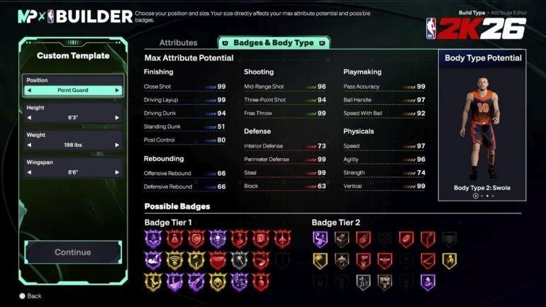 Un'immagine che mostra l'interfaccia dell'Editor de Il mio GIOCATORE di NBA 2K26, con le nuove funzionalità come il Glossario delle Animazioni o il Rapporto dell'Osservatore in evidenza, e un'icona della console Nintendo Switch 2.