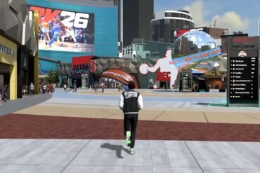 Una rappresentazione vibrante e dinamica del nuovo Skyline Park ne La Città di NBA 2K26, con giocatori in azione