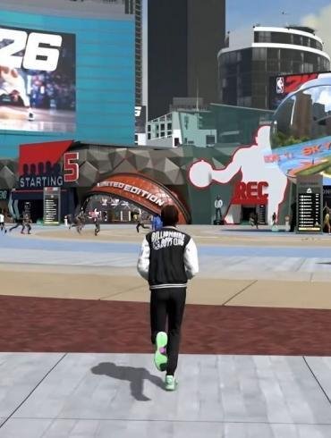 Una rappresentazione vibrante e dinamica del nuovo Skyline Park ne La Città di NBA 2K26, con giocatori in azione