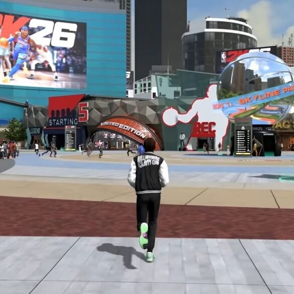 Una rappresentazione vibrante e dinamica del nuovo Skyline Park ne La Città di NBA 2K26, con giocatori in azione