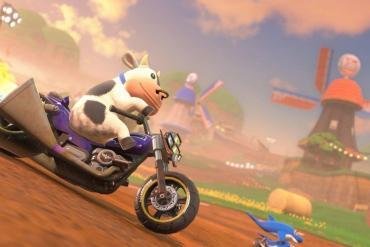 Il personaggio della mucca di Mario Kart World con un anello al naso.