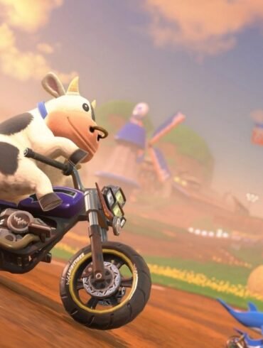 Il personaggio della mucca di Mario Kart World con un anello al naso.