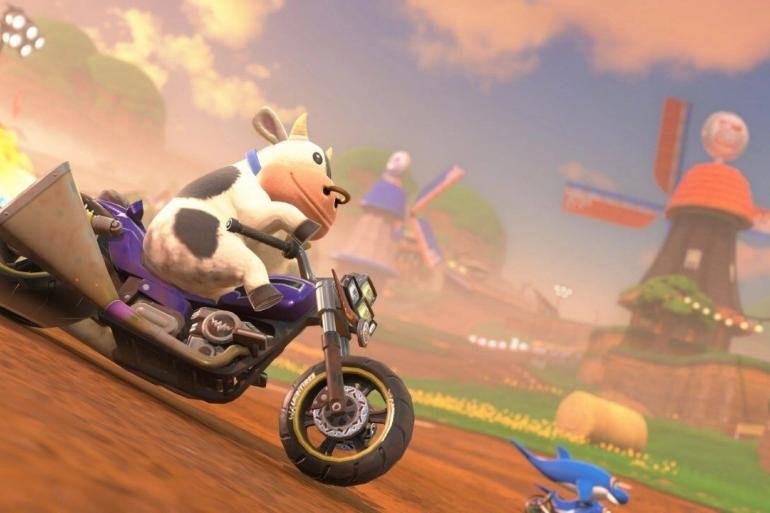 Il personaggio della mucca di Mario Kart World con un anello al naso.