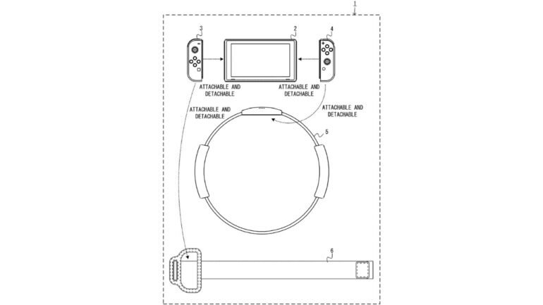 Una rappresentazione stilizzata di un Ring-Con con i controller magnetici della Nintendo Switch 2 inseriti, che richiama il brevetto US20250249365