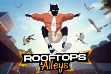 Un personaggio che esegue un'acrobazia in parkour su un tetto, con il logo di RoofTops & Alleys.