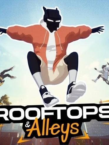 Un personaggio che esegue un'acrobazia in parkour su un tetto, con il logo di RoofTops & Alleys.