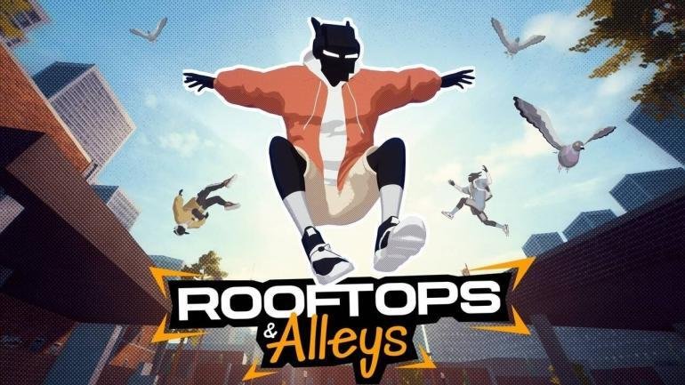 Un personaggio che esegue un'acrobazia in parkour su un tetto, con il logo di RoofTops & Alleys.