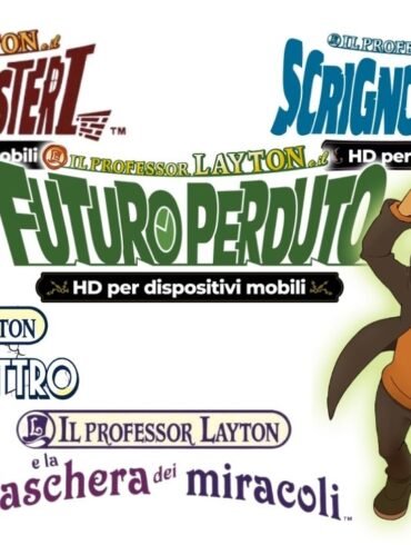 Una grafica che mostra i protagonisti della series Layton, il Professor Layton e Luke, con sullo sfondo tutti i loghi dei giochi della saga.