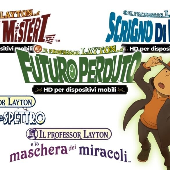 Una grafica che mostra i protagonisti della series Layton, il Professor Layton e Luke, con sullo sfondo tutti i loghi dei giochi della saga.