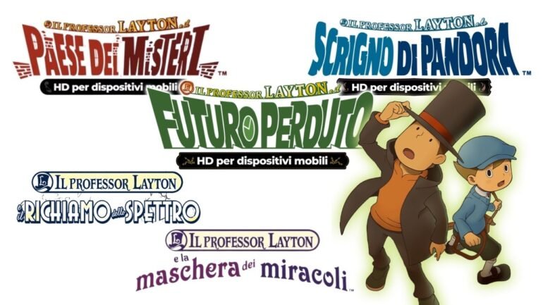 Una grafica che mostra i protagonisti della series Layton, il Professor Layton e Luke, con sullo sfondo tutti i loghi dei giochi della saga.