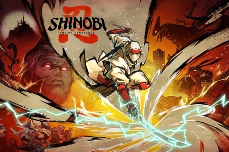 Il maestro ninja protagonista di SHINOBI: Art of Vengeance in una posa d'azione, ambientato in un mondo disegnato a mano.