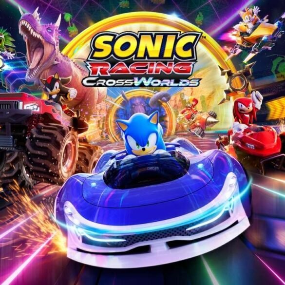 Una scena di gioco di Sonic Racing: CrossWorlds con Sonic e altri personaggi in corsa su una pista futuristica