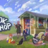 Una scena di gioco del narrativo sim Tiny Bookshop, che mostra la libreria itinerante in un pittoresco villaggio costiero, con il logo della Nintendo Switch