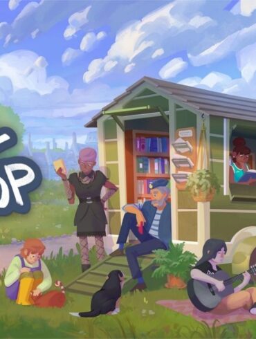 Una scena di gioco del narrativo sim Tiny Bookshop, che mostra la libreria itinerante in un pittoresco villaggio costiero, con il logo della Nintendo Switch