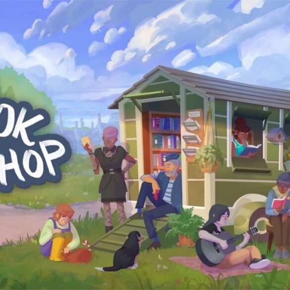 Una scena di gioco del narrativo sim Tiny Bookshop, che mostra la libreria itinerante in un pittoresco villaggio costiero, con il logo della Nintendo Switch