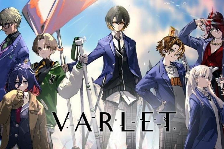 Il protagonista di VARLET con i suoi amici a Kousei Academy, con un tocco visivo che suggerisce il mistero del "Glitch" sullo sfondo.