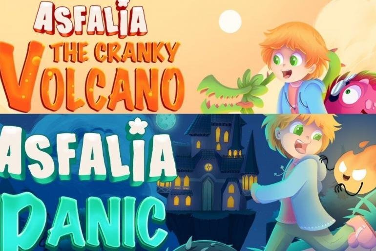 L'immagine mostra la copertina dei due giochi "Asfalia: The Cranky Volcano" e "Asfalia: Panic at the Mansion", con i personaggi principali su uno sfondo colorato che richiama uno stile da libro di fiabe