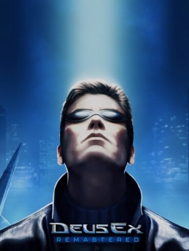 Un'illustrazione che mostra il protagonista di Deus Ex, JC Denton, con occhiali da sole scuri e un cappotto lungo, mentre si trova in un'ambientazione futuristica e cyberpunk illuminata da luci al neon rosse e blu.