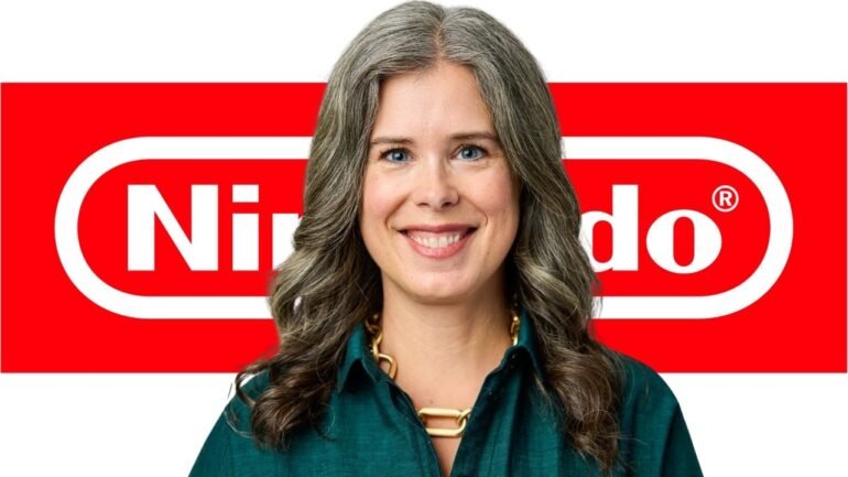 Ritratto di Devon Pritchard, la donna che diventerà Presidente di Nintendo of America, con il logo di Nintendo sullo sfondo.
