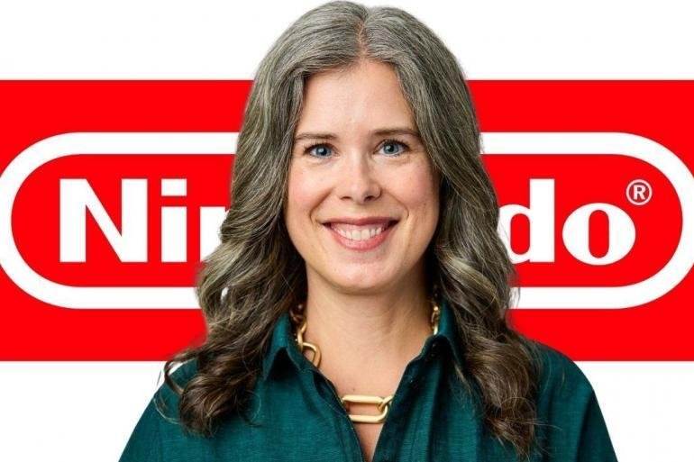 Ritratto di Devon Pritchard, la donna che diventerà Presidente di Nintendo of America, con il logo di Nintendo sullo sfondo.