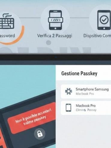 Sotto, un tablet mostra "Gestione Passkey" con un elenco di dispositivi. Sullo sfondo grigio, icone stilizzate rappresentano "Password", "Verifica 2 Passaggi" e "Dispositivo Compatibile".