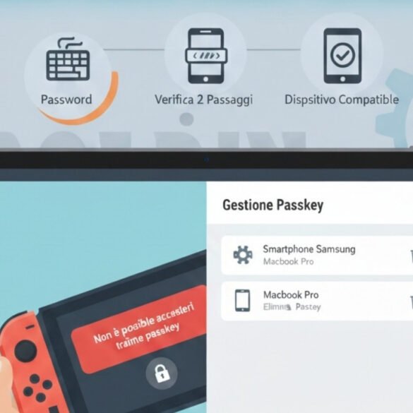Sotto, un tablet mostra "Gestione Passkey" con un elenco di dispositivi. Sullo sfondo grigio, icone stilizzate rappresentano "Password", "Verifica 2 Passaggi" e "Dispositivo Compatibile".