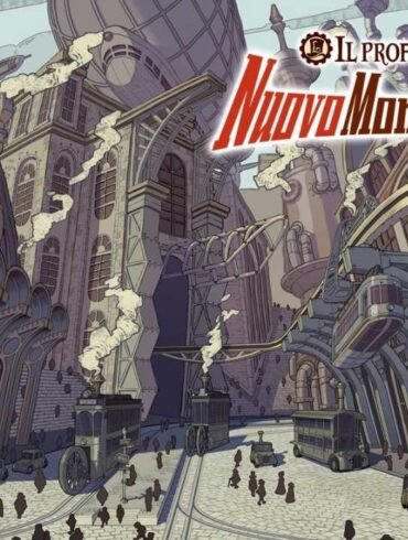 Copertina del gioco Il professor Layton e il Nuovo Mondo a vapore, un'ambientazione a tema steampunk, con ingranaggi e vapore in sottofondo.