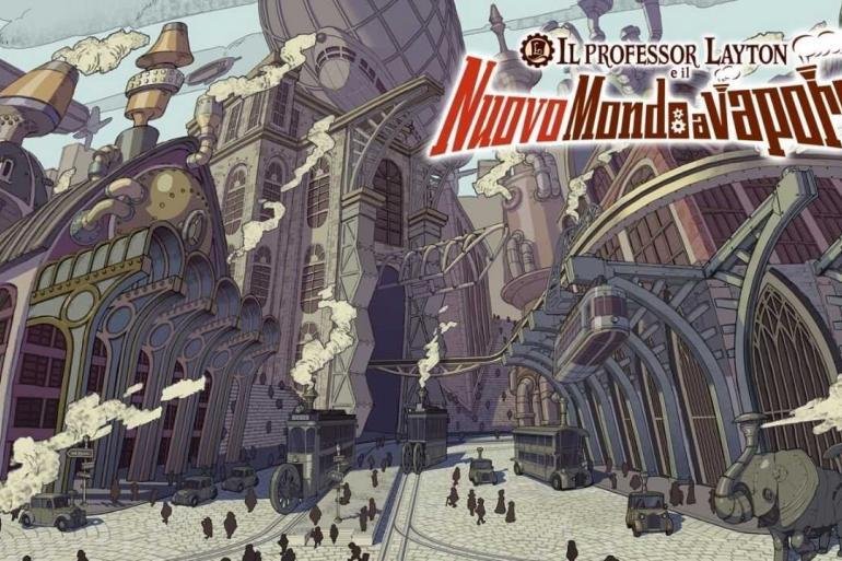 Copertina del gioco Il professor Layton e il Nuovo Mondo a vapore, un'ambientazione a tema steampunk, con ingranaggi e vapore in sottofondo.