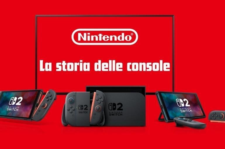 Le Nintendo Switch 2 con sfondo rosso il logo Nintendo.