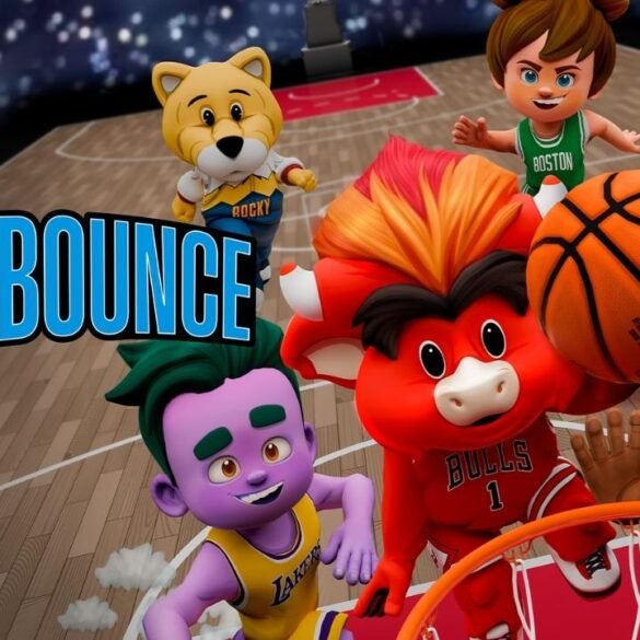 una scena colorata e dinamica di NBA Bounce, con personaggi in stile cartoon che giocano a basket in un campo, con effetti di luce e schizzi di vernice che rendono l'atmosfera vivace e festosa.