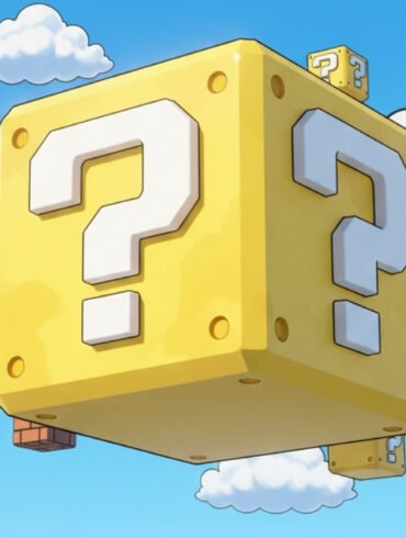 Blocco punto di domanda super mario in mezzo al cielo con le nuvole.