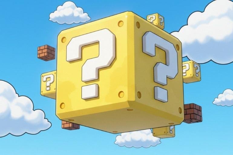 Blocco punto di domanda super mario in mezzo al cielo con le nuvole.