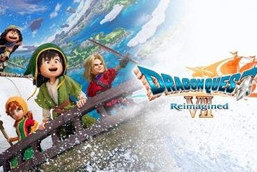 l logo di DRAGON QUEST VII REIMAGINED in un'estetica da libro di fiabe, con i personaggi disegnati in stile diorama.