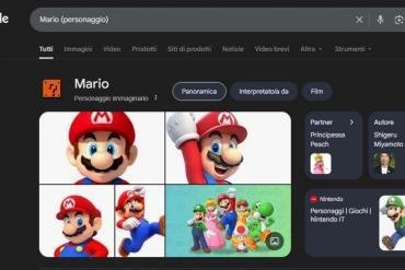 Una schermata di ricerca di Google con la query 'Mario (personaggio)' e, in evidenza, l'icona interattiva del blocco con il punto di domanda di Super Mario.