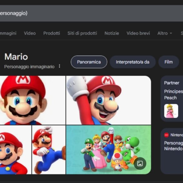 Una schermata di ricerca di Google con la query 'Mario (personaggio)' e, in evidenza, l'icona interattiva del blocco con il punto di domanda di Super Mario.