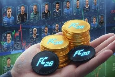 Una mano che tiene delle monete d'oro con il logo di EA Sports FC 26, su uno sfondo che richiama il mercato dei trasferimenti di Ultimate Team.