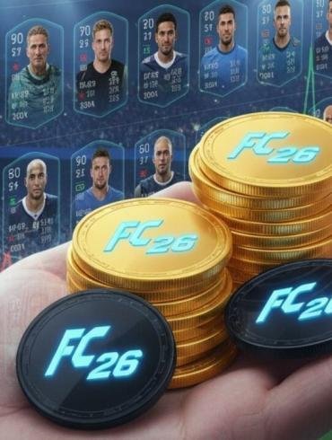 Una mano che tiene delle monete d'oro con il logo di EA Sports FC 26, su uno sfondo che richiama il mercato dei trasferimenti di Ultimate Team.