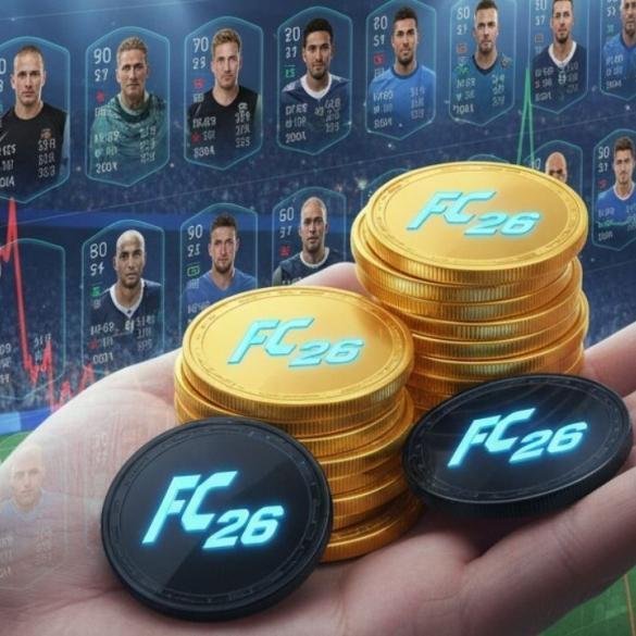 Una mano che tiene delle monete d'oro con il logo di EA Sports FC 26, su uno sfondo che richiama il mercato dei trasferimenti di Ultimate Team.