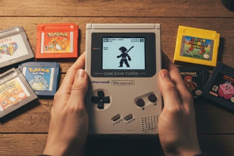Una selezione di cartucce di giochi classici del Game Boy, come Tetris, Pokémon, e Zelda, disposte accanto a una console Game Boy originale.