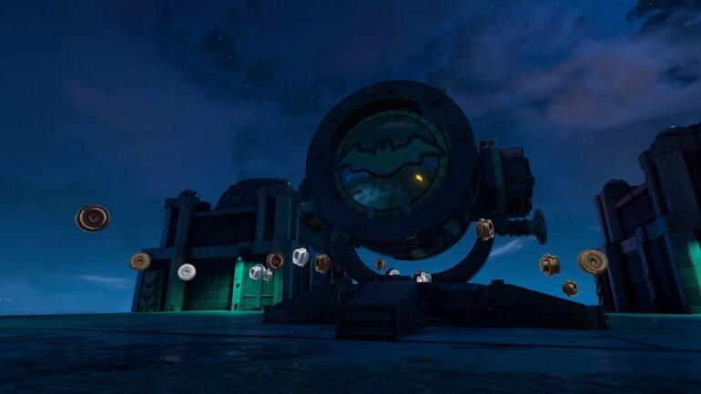 Immagine del videogioco LEGO Batman: L'Eredità del Cavaliere Oscuro, immagine del Bat Segnale costruita con i mattoncini.